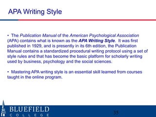 APA Writing Style 
• The Publication Manual of the American Psychological Association 
(APA) contains what is known as the APA Writing Style. It was first 
published in 1929, and is presently in its 6th edition, the Publication 
Manual contains a standardized procedural writing protocol using a set of 
style rules and that has become the basic platform for scholarly writing 
used by business, psychology and the social sciences. 
• Mastering APA writing style is an essential skill learned from courses 
taught in the online program. 
35 
 