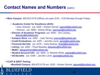 Contact Names and Numbers (cont.) 
 Main Campus 800.872.0176 (Offices are open 8:00 – 5:00 Monday through Friday) 
• Academic Center for Excellence (ACE): 
• Asst. Director: ext. 4220 – Kristen Garrett, kgarrett@bluefield.edu 
• Director: ext. 4606 – Ashely Mingo, aamingo@bluefield.edu 
• Director of Academic Programs: ext. 4456 - Ann Looney, 
alooney@bluefield.edu 
• Campus Store: ext. 4260 - Judy Vannoy, jvannoy@bluefield.edu 
• Credit Evaluations: ext. 4397 – Jennifer Lamb, jlamb@bluefield.edu. 
• Financial Aid Info: ext. 4215 – Carly Kestner, finaid@bluefield.edu 
• Library: ext. 4269 - Paula Beasley, pbeasley@bluefield.edu 
• MyBC: itdeapartment@bluefield.edu 
• Student Account Info: ext. 4204 - A. Michele White, awhite@bluefield.edu 
• VA Benefits: ext. 4348 – Jennifer Lamb, jlamb@bluefield.edu 
 CLEP & DSST Testing: 
Bluefield Campus: 800.872.0176 ext. 4220 – Kristen Garrett, kgarrett@bluefield.edu 
40 
 