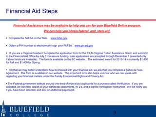 Financial Aid Steps 
Financial Assistance may be available to help you pay for your Bluefield Online program. 
9 
We can help you obtain federal and state aid. 
 Complete the FAFSA on the Web. www.fafsa.gov 
 Obtain a PIN number to electronically sign your FAFSA www.pin.ed.gov 
 If you are a Virginia Resident, complete the application form for the 13-14 Virginia Tuition Assistance Grant, and submit it 
to the Financial Aid Office by July 31 to assure funding. Late applications are accepted through December 1 (awarded only 
if state funds are available). The form is available on the BC website. The estimated award for 2013-14 is currently $1,400 
for Fall and $1,400 for Spring. 
 So that we may better understand how to proceed with your financial aid, we ask that you complete a Tuition & Fees 
Agreement. The form is available on our website. This important form also helps us know who we can speak with 
regarding your financial matters under the Family Educational Rights and Privacy Act. 
 The Federal government selects around one-third of federal aid applicants for a process called Verification. If you are 
selected, we will need copies of your signed tax documents, W-2’s, and a signed Verification Worksheet. We will notify you 
if you have been selected, and ask for additional paperwork. 
 