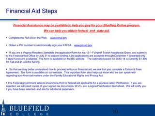 Financial Aid Steps
10
Financial Assistance may be available to help you pay for your Bluefield Online program.
We can help you obtain federal and state aid.
 Complete the FAFSA on the Web. www.fafsa.gov
 Obtain a PIN number to electronically sign your FAFSA www.pin.ed.gov
 If you are a Virginia Resident, complete the application form for the 13-14 Virginia Tuition Assistance Grant, and submit it
to the Financial Aid Office by July 31 to assure funding. Late applications are accepted through December 1 (awarded only
if state funds are available). The form is available on the BC website. The estimated award for 2013-14 is currently $1,400
for Fall and $1,400 for Spring.
 So that we may better understand how to proceed with your financial aid, we ask that you complete a Tuition & Fees
Agreement. The form is available on our website. This important form also helps us know who we can speak with
regarding your financial matters under the Family Educational Rights and Privacy Act.
 The Federal government selects around one-third of federal aid applicants for a process called Verification. If you are
selected, we will need copies of your signed tax documents, W-2’s, and a signed Verification Worksheet. We will notify you
if you have been selected, and ask for additional paperwork.
 