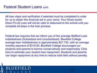 Federal Student Loans cont.
All loan steps and verification if selected must be completed in order
for us to obtain this financial aid in your name. Your Direct and/or
Direct PLUS Loan will not be valid or disbursed to the school until you
complete all steps in the loan process.
Federal law requires that we inform you of the average Stafford Loan
indebtedness (Subsidized and Unsubsidized). Bluefield College
average loan indebtedness is approximately $27,735, with an average
monthly payment of $319.00. Bluefield College encourages our
students and parents to borrow conservatively and responsibly. Click
here to estimate your student loan repayment. Students and parents
can begin repayment at any time to reduce total debt without penalty.
12
 