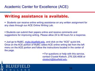 Academic Center for Excellence (ACE)
38
Writing assistance is available.
 Students can receive online writing assistance on any written assignment for
any class through our ACE Online Writing Lab.
 Students can submit their papers online and receive comments and
suggestions for improving writing. Please allow 24 to 48 hours for a response.
 Just go to MyBC, mybc.bluefield.edu, and click on the “ACE” quick link.
Once on the ACE portion of MyBC select ACE online writing lab from the left
menu on the ACE portion and follow the instructions located in the center of
the page.
 For questions or help with this service,
contact Crystal Kieloch, 276.326.4606 or
ckieloch@bluefield.edu.
 
