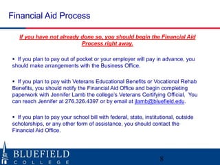 Financial Aid Process
If you have not already done so, you should begin the Financial Aid
Process right away.
 If you plan to pay out of pocket or your employer will pay in advance, you
should make arrangements with the Business Office.
 If you plan to pay with Veterans Educational Benefits or Vocational Rehab
Benefits, you should notify the Financial Aid Office and begin completing
paperwork with Jennifer Lamb the college’s Veterans Certifying Official. You
can reach Jennifer at 276.326.4397 or by email at jlamb@bluefield.edu.
 If you plan to pay your school bill with federal, state, institutional, outside
scholarships, or any other form of assistance, you should contact the
Financial Aid Office.
8
 