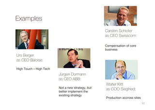 Examples
10
Urs Berger
as CEO Baloise:
High Touch – High Tech
Jürgen Dormann
as CEO ABB:
Not a new strategy, but
better implement the
existing strategy
Carsten Schloter
as CEO Swisscom:
Compensation of core
business
Walter Kittl
as COO Siegfried:
Production accross sites
 