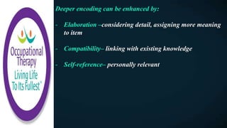 Deeper encoding can be enhanced by:
- Elaboration –considering detail, assigning more meaning
to item
- Compatibility– linking with existing knowledge
- Self-reference– personally relevant
 