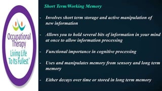 Short Term/Working Memory
- Involves short term storage and active manipulation of
new information
- Allows you to hold several bits of information in your mind
at once to allow information processing
- Functional importance in cognitive processing
- Uses and manipulates memory from sensory and long term
memory
- Either decays over time or stored in long term memory
 