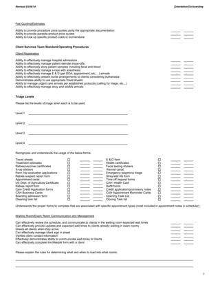 Revised 03/06/14 Orientation/On-boarding
5
Fee Quoting/Estimates
Ability to provide procedure price quotes using the appropriate documentation ______ ______
Ability to provide parasite product price quotes ______ ______
Ability to look up specific product costs in Cornerstone ______ ______
Client Services Team Standard Operating Procedures
Client Registration
Ability to effectively manage hospital admissions ______ ______
Ability to effectively manage patient sample dropp-offs ______ ______
Ability to effectively store patient samples including fecal and blood ______ ______
Ability to effectively manage x-rays with anesthesia ______ ______
Ability to effectively manage E & D (pet DOA; appointment, etc,…) arrivals ______ ______
Ability to effectively present burial arrangements to clients considering euthanasia ______ ______
Demonstrates ability to use appropriate travel sheets ______ ______
Ability to manage urgent care arrivals per established protocols (calling for triage, etc,..) ______ ______
Ability to effectively manage stray and wildlife arrivals ______ ______
Triage Levels
Please list the levels of triage when each is to be used:
Level 1 ______________________________________________________________
Level 2 ______________________________________________________________
Level 3 ______________________________________________________________
Level 4 ______________________________________________________________
Recognizes and understands the usage of the below forms.
Travel sheets ______ ______ E & D form ______ ______
Treatment estimates ______ ______ Health certificates ______ ______
Rabies/vaccines certificates ______ ______ Fecal testing stickers ______ ______
X-ray stickers ______ ______ ‘Kennel cards’ ______ ______
Penn Hip evaluation applications ______ ______ Emergency telephone triage ______ ______
Rabies suspect report form ______ ______ Stray/wild life form ______ ______
Appointment cards ______ ______ Time off request forms ______ ______
US Dept. of Agriculture Certificate ______ ______ CAH Health Card ______ ______
Rabies report form ______ ______ Refill forms ______ ______
Care Credit Application forms ______ ______ Credit application/promissory notes ______ ______
CAH Business Cards ______ ______ CAH Appointment Reminder Cards ______ ______
Boarding admission form ______ ______ Opening Task List ______ ______
Cleaning task list ______ ______ Closing Task list ______ ______
Understands the proper forms to complete that are associated with specific appointment types (most included in appointment notes in scheduler)
Waiting Room/Exam Room Communication and Management
Can effectively review the schedule, and communicate to clients in the waiting room expected wait times ______ ______
Can effectively provide updates and expected wait times to clients already waiting in exam rooms ______ ______
Greets all clients when they arrive ______ ______
Can effectively manage client sign in sheet ______ ______
Verifies client contact information ______ ______
Effectively demonstrates ability to communicate wait-times to clients ______ ______
Can effectively complete the lifestyle form with a client ______ ______
Please explain the rules for determining what and when to load into what rooms:
_______________________________________________________________________________________________________________
_______________________________________________________________________________________________________________
 