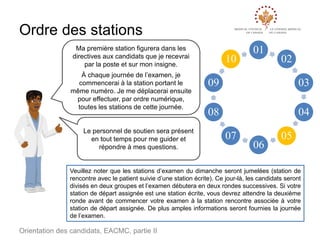 Ordre des stations
Ma première station figurera dans les
directives aux candidats que je recevrai
par la poste et sur mon insigne.
À chaque journée de l’examen, je
commencerai à la station portant le
même numéro. Je me déplacerai ensuite
pour effectuer, par ordre numérique,
toutes les stations de cette journée.

Le personnel de soutien sera présent
en tout temps pour me guider et
répondre à mes questions.

10

01

02

09

03

08

04
07

06

05

Veuillez noter que les stations d’examen du dimanche seront jumelées (station de
rencontre avec le patient suivie d’une station écrite). Ce jour-là, les candidats seront
divisés en deux groupes et l’examen débutera en deux rondes successives. Si votre
station de départ assignée est une station écrite, vous devrez attendre la deuxième
ronde avant de commencer votre examen à la station rencontre associée à votre
station de départ assignée. De plus amples informations seront fournies la journée
de l’examen.

Orientation des candidats, EACMC, partie II

 