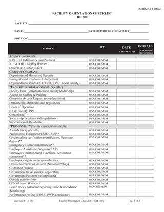 (revised 11-4-14) Facility Orientation Checklist (HSD 500) pg. 1 of 3
HSCEDM‐16‐R‐00002 
 
FACILITY ORIENTATION CHECKLIST
HD 500
 
FACILITY:
 
 
NAME: DATE REPORTED TO FACILITY
 
 
POSITION
 
 
TOPICS
BY DATE INITIALS
COMPLETED
(SUPERVISOR/
PRECEPTORS)
AGENCY OVERVIEW
IHSC 101 (Mission/Vision/Values) HSA/COR/MSM    
ICE AFOD / Facility Warden HSA/COR/MSM    
Other ICE /Custody Staff HSA/COR/MSM    
CHAIN OF COMMAND
Department of Homeland Security HSA/COR/MSM    
Immigration & Customs Enforcement HSA/COR/MSM    
Organizational charts (ICE/ERO, IHSC, Local facility) HSA/COR/MSM    
*FACILITY INFORMATION (Site Specific)
Facility Tour (introductions to facility leadership) HSA/COR/MSM    
Access to Facility & Parking HSA/COR/MSM    
Computer Access Request (complete form) HSA/COR/MSM    
Detainee/Resident rules and regulations HSA/COR/MSM    
Hours of Operation HSA/COR/MSM    
ID(s): Facility, PIV HSA/COR/MSM    
Contraband HSA/COR/MSM    
Security (procedures and regulations) HSA/COR/MSM    
Supervision of Residents HSA/COR/MSM    
*PERSONNEL (**provide copies for on-site file)
Awards (as applicable) HSA/COR/MSM    
Professional Education (CME/CEU)** HSA/COR/MSM    
Credentialing verification (certification, licensure,
degree)**
HSA/COR/MSM    
Emergency Contact Information** HSA/COR/MSM    
Employee Assistance Program (EAP) HSA/COR/MSM    
Employee Health Record (vaccines, declination
statement)**
HSA/COR/MSM?    
Employees' rights and responsibilities HSA/COR/MSM    
Dress code/ wear of uniform (National Policy) HSA/COR/MSM    
Grievance Process HSA/COR/MSM    
Government travel card (as applicable) HSA/COR/MSM    
Government Passport (as applicable) HSA/COR/MSM    
Outside activity form HSA/COR/MSM    
Official travel (Concur) HSA/COR/MSM    
Leave Policy (Absence reporting Time & attendance
Scheduling)
HSACOR/MSM    
Performance review (COER, PWP, contractor) HSA/COR/MSM    
 