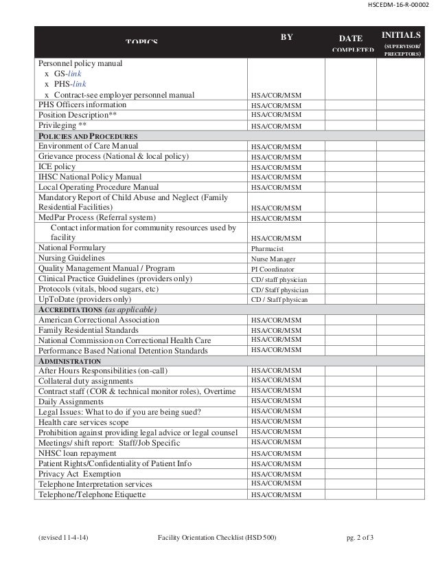Orientation checklists