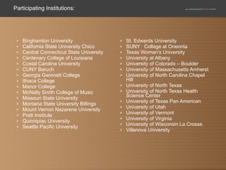 Participating Institutions: St. Edwards University SUNY   College at Oneonta Texas Woman’s University University at Albany University of Colorado – Boulder University of Massachusetts Amherst University of North Carolina Chapel Hill University of North Texas University of North Texas Health Science Center University of Texas Pan American University of Utah University of Vermont University of Virginia University of Wisconsin La Crosse Villanova University Binghamton University California State University Chico Central Connecticut State University Centenary College of Louisiana Costal Carolina University CUNY Baruch Georgia Gwinnett College Ithaca College Manor College McNally Smith College of Music Missouri State University Montana State University Billings Mount Vernon Nazarene University Pratt Institute Quinnipiac University Seattle Pacific University 