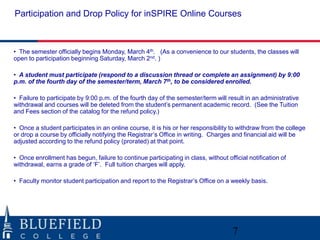 Participation and Drop Policy for inSPIRE Online Courses



• The semester officially begins Monday, March 4th. (As a convenience to our students, the classes will
open to participation beginning Saturday, March 2nd. )

• A student must participate (respond to a discussion thread or complete an assignment) by 9:00
p.m. of the fourth day of the semester/term, March 7th, to be considered enrolled.

• Failure to participate by 9:00 p.m. of the fourth day of the semester/term will result in an administrative
withdrawal and courses will be deleted from the student‟s permanent academic record. (See the Tuition
and Fees section of the catalog for the refund policy.)

• Once a student participates in an online course, it is his or her responsibility to withdraw from the college
or drop a course by officially notifying the Registrar‟s Office in writing. Charges and financial aid will be
adjusted according to the refund policy (prorated) at that point.

• Once enrollment has begun, failure to continue participating in class, without official notification of
withdrawal, earns a grade of „F‟. Full tuition charges will apply.

• Faculty monitor student participation and report to the Registrar‟s Office on a weekly basis.




                                                                                    7
 