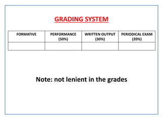 GRADING SYSTEM
Note: not lenient in the grades
FORMATIVE PERFORMANCE
(50%)
WRITTEN OUTPUT
(30%)
PERIODICAL EXAM
(20%)
 