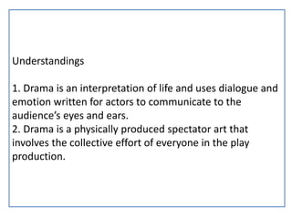 Understandings
1. Drama is an interpretation of life and uses dialogue and
emotion written for actors to communicate to the
audience’s eyes and ears.
2. Drama is a physically produced spectator art that
involves the collective effort of everyone in the play
production.
 
