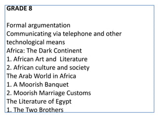 GRADE 8
Formal argumentation
Communicating via telephone and other
technological means
Africa: The Dark Continent
1. African Art and Literature
2. African culture and society
The Arab World in Africa
1. A Moorish Banquet
2. Moorish Marriage Customs
The Literature of Egypt
1. The Two Brothers
 
