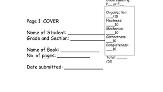 Page 1: COVER
Name of Student: ________________
Grade and Section: _______________
Name of Book: _____________
No. of pages: ___________
Date submitted: _____________
Understanding:
P__ or F__
Organization:
___/10
Neatness:
____10
Mechanics:
____10
Correctness:
___10
Completeness:
___10
Total: _____
/50
 