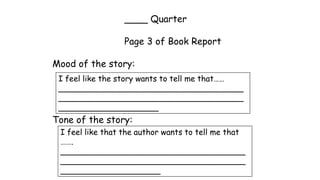 ____ Quarter
Page 3 of Book Report
Mood of the story:
Tone of the story:
I feel like the story wants to tell me that……
_____________________________________
_____________________________________
____________________
I feel like that the author wants to tell me that
…….
_____________________________________
_____________________________________
____________________
 