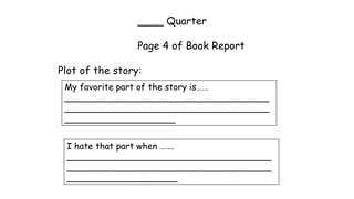 ____ Quarter
Page 4 of Book Report
Plot of the story:
My favorite part of the story is……
_____________________________________
_____________________________________
____________________
I hate that part when …….
_____________________________________
_____________________________________
____________________
 