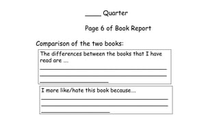 ____ Quarter
Page 6 of Book Report
Comparison of the two books:
The differences between the books that I have
read are ….
_____________________________________
_____________________________________
____________________
I more like/hate this book because….
_____________________________________
_____________________________________
____________________
 