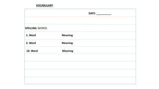 DATE: __________
SPELLING WORDS
VOCABULARY
1. Word Meaning
2. Word Meaning
10. Word Meaning
 