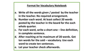 Format for Vocabulary Notebook
a. Write all the words given / posted by the teacher
in the teacher. No required arrangement.
b. Number each word. At least collect 20 words
posted by the teacher in the board for the each
whole quarter.
c. For each word, write a short one – line definition,
in complete sentence.
d. After reaching at he maximum of 20 words. Get
ten words for the said – vocabulary. Use each
word to create ten sentences.
e. Let your teacher check afterwards.
 