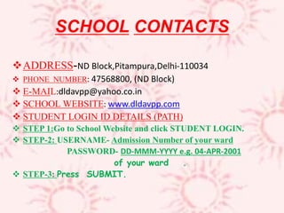 SCHOOL CONTACTS
ADDRESS-ND Block,Pitampura,Delhi-110034
 PHONE NUMBER: 47568800, (ND Block)
 E-MAIL:dldavpp@yahoo.co.in
 SCHOOL WEBSITE: www.dldavpp.com
 STUDENT LOGIN ID DETAILS (PATH)
 STEP 1:Go to School Website and click STUDENT LOGIN.
 STEP-2: USERNAME- Admission Number of your ward
PASSWORD- DD-MMM-YYYY e.g. 04-APR-2001
of your ward .
 STEP-3: Press SUBMIT.
 