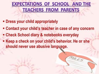  Dress your child appropriately
 Contact your child’s teacher in case of any concern
 Check School diary & notebooks everyday
 Keep a check on your child's behavior. He or she
should never use abusive language.
 
