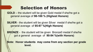 Selection of Honors
GOLD – the student will be given Gold medal if she/he got a
general average of 98-100 % (Highest Honors)
SILVER - the student will be given Silver medal if she/he got a
general average of 95-97 %(High Honors)
BRONZE - the student will be given Bronze0 medal if she/he
got a general average of 90-94 %(with Honors)
Note: Honor students may come from any section per grade
level.
 
