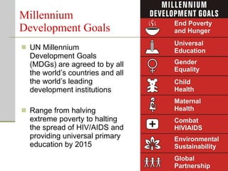 UN Millennium Development Goals (MDGs) are agreed to by all the world’s countries and all the world’s leading development institutions Range from halving extreme poverty to halting the spread of HIV/AIDS and providing universal primary education by 2015 Millennium Development Goals 