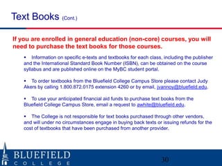 Text Books (Cont.)

If you are enrolled in general education (non-core) courses, you will
need to purchase the text books for those courses.
    Information on specific e-texts and textbooks for each class, including the publisher
   and the International Standard Book Number (ISBN), can be obtained on the course
   syllabus and are published online on the MyBC student portal.

    To order textbooks from the Bluefield College Campus Store please contact Judy
   Akers by calling 1.800.872.0175 extension 4260 or by email, jvannoy@bluefield.edu.

    To use your anticipated financial aid funds to purchase text books from the
   Bluefield College Campus Store, email a request to awhite@bluefield.edu.

    The College is not responsible for text books purchased through other vendors,
   and will under no circumstances engage in buying back texts or issuing refunds for the
   cost of textbooks that have been purchased from another provider.




                                                                  30
 