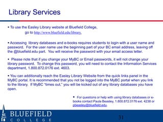 Library Services
 To use the Easley Library website at Bluefield College,
           go to http://www.bluefield.edu/library.

 Accessing library databases and e-books requires students to login with a user name and
password. For the user name use the beginning part of your BC email address, leaving off
the @bluefield.edu part. You will receive the password with your email access letter.

 Please note that if you change your MyBC or Email passwords, it will not change your
library password. To change this password, you will need to contact the Information Services
department, 1.800.872.0176 ext. 4603.

 You can additionally reach the Easley Library Website from the quick links panel in the
MyBC portal. It is recommended that you not be logged into the MyBC portal when you link
to the library. If MyBC “times out,” you will be kicked out of any library databases you have
open.

                                          For questions or help with using library databases or e-
                                         books contact Paula Beasley, 1.800.872.0176 ext. 4238 or
                                         pbeasley@bluefield.edu.



                                                                         31
 