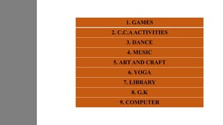 1. GAMES
2. C.C.AACTIVITIES
3. DANCE
4. MUSIC
5. ART AND CRAFT
6. YOGA
7. LIBRARY
8. G.K
9. COMPUTER
 