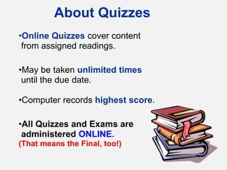 About Quizzes
•Online Quizzes cover content
from assigned readings.
•May be taken unlimited times
until the due date.
•Computer records highest score.
•All Quizzes and Exams are
administered ONLINE.
(That means the Final, too!)
 