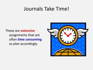 Journals Take Time!
These are extensive
assignments that are
often time consuming
so plan accordingly.
 