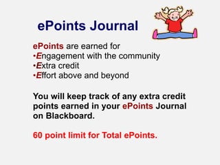 ePoints Journal
ePoints are earned for
•Engagement with the community
•Extra credit
•Effort above and beyond
You will keep track of any extra credit
points earned in your ePoints Journal
on Blackboard.
60 point limit for Total ePoints.
 