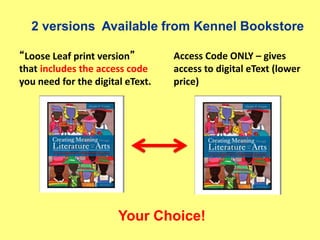 2 versions Available from Kennel Bookstore
“Loose Leaf print version”
that includes the access code
you need for the digital eText.
Access Code ONLY – gives
access to digital eText (lower
price)
Your Choice!
 