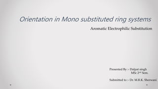 Orientation in Mono substituted ring systems
Aromatic Electrophilic Substitution
Presented By :- Dalpat singh
MSc 2nd Sem.
Submitted to :- Dr. M.R.K. Sherwani
 
