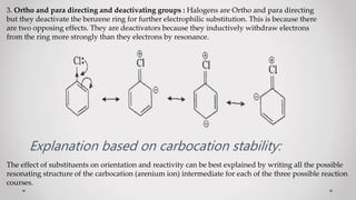 3. Ortho and para directing and deactivating groups : Halogens are Ortho and para directing
but they deactivate the benzene ring for further electrophilic substitution. This is because there
are two opposing effects. They are deactivators because they inductively withdraw electrons
from the ring more strongly than they electrons by resonance.
Explanation based on carbocation stability:
The effect of substituents on orientation and reactivity can be best explained by writing all the possible
resonating structure of the carbocation (arenium ion) intermediate for each of the three possible reaction
courses.
 