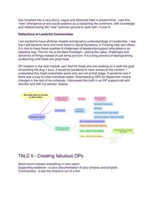 has morphed into a very blurry, vague and obscured idea in present-time. I see this
“new” emergence of eco-social systems as a reclaiming the commons, with knowledge
and relations being the “new” common ground to work with. I Love it!
Reﬂections of Leaderful Communities
I am excited to have all these models and dynamic-understandings of Leadership. I see
that I will become more and more ﬂuent in Spiral Dynamics, 6 Thinking hats and others.
It is nice to have these qualities & challenges of leadership/support articulated in an
objective way. This for me is the New Paradigm - seeing the value, challenges and
dynamics of things instead of just being pro-con. It is a long process of deprograming
(unlearning) and these are great tools.
OP creation is the next module, yet I feel for those who are working on it (with the goal
of boarding the Aug 1 bus), it would be beneﬁcial to have access to the content. I
understand this might overwhelm some who are not at that stage. It would be nice if
there was a way to meet individual needs. Rescheduling OP2 for September means
changes in the rest of my schedule. I discussed this both in an OP support-call with
Jennifer and with my advisor, Saskia.

TALC 5 - Creating fabulous OPs
Word count includes everything in core report
Supporting evidence - is your documentation of your process and projects
Commentary - is like the directors cut of a ﬁlm

 