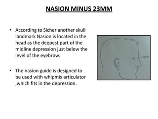 NASION MINUS 23MM
• According to Sicher another skull
landmark Nasion is located in the
head as the deepest part of the
midline depression just below the
level of the eyebrow.
• The nasion guide is designed to
be used with whipmix articulator
,which fits in the depression.
 