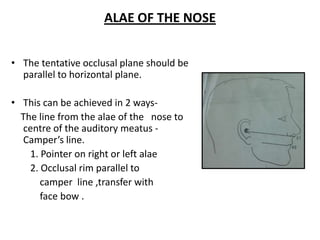 ALAE OF THE NOSE
• The tentative occlusal plane should be
parallel to horizontal plane.
• This can be achieved in 2 ways-
The line from the alae of the nose to
centre of the auditory meatus -
Camper’s line.
1. Pointer on right or left alae
2. Occlusal rim parallel to
camper line ,transfer with
face bow .
 