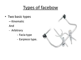 Types of facebow
• Two basic types
– Kinematic
And
- Arbitrary
- Facia type
- Earpiece type.
 
