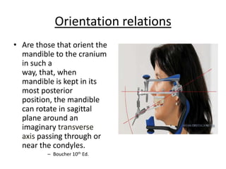Orientation relations
• Are those that orient the
mandible to the cranium
in such a
way, that, when
mandible is kept in its
most posterior
position, the mandible
can rotate in sagittal
plane around an
imaginary transverse
axis passing through or
near the condyles.
– Boucher 10th Ed.
 