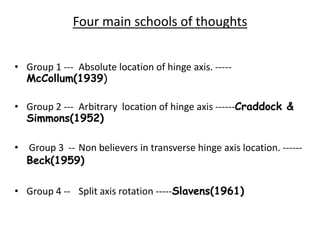 Four main schools of thoughts
• Group 1 --- Absolute location of hinge axis. -----
McCollum(1939)
• Group 2 --- Arbitrary location of hinge axis ------Craddock &
Simmons(1952)
• Group 3 -- Non believers in transverse hinge axis location. ------
Beck(1959)
• Group 4 -- Split axis rotation -----Slavens(1961)
 