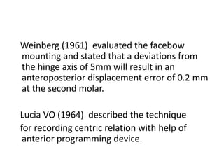 Weinberg (1961) evaluated the facebow
mounting and stated that a deviations from
the hinge axis of 5mm will result in an
anteroposterior displacement error of 0.2 mm
at the second molar.
Lucia VO (1964) described the technique
for recording centric relation with help of
anterior programming device.
 