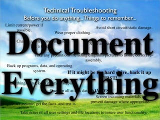 Technical Troubleshooting
          Before you do anything... Things to remember...
Limit current/power if
                                                      Avoid short circuit/static damage.
       possible.




Document
                              Wear proper clothing.

      Change and test one variable
                                                   Slow and steady wins the race.
               at a time

                Take any precautions including diagrams/pictures to assure correct re-
                                             assembly.
 Back up programs, data, and operating
               system.




Everything
                                   If it might be the hard drive, back it up
                                                          FIRST!
 First things First, keep it simple stupid.
                          Back up all at-risk data, ALWAYS.
                                                      Screen incoming materials to
   Don’t assume, get the facts, and test it.       prevent damage where appropriate.

        Take notes of all user settings and ﬁle locations to insure user functionality.
 