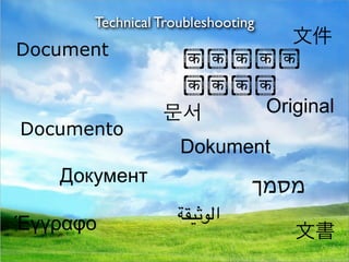Technical Troubleshooting
Document           ॿॿॿॿॿ
                   ॿॿॿॿ
                       Original
Documento
                   Dokument
   Документ
                              ‫מסמך‬
Έγγραφο           ‫ﺍﻟﻮﺛﻴﻘﺔ‬
 