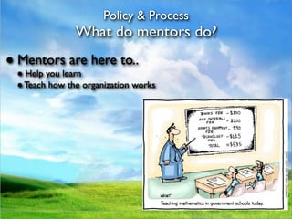 Policy & Process
               What do mentors do?
● Mentors are here to..
 ● Help you learn
 ● Teach how the organization works
 