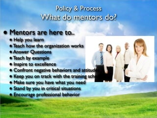 Policy & Process
               What do mentors do?
● Mentors are here to..
 ● Help you learn
 ● Teach how the organization works
 ● Answer Questions
 ● Teach by example
 ● Inspire to excellence
 ● Confront negative behaviors and attitudes
 ● Keep you on track with the training schedule
 ● Make sure you have what you need
 ● Stand by you in critical situations
 ● Encourage professional behavior
 