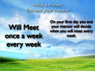 Policy & Process
     You and your mentor

                 On your ﬁrst day you and
 Will Meet       your mentor will decide
                 when you will meet every
once a week               week.

every week
 